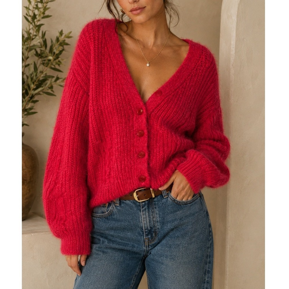 Miracle USA Red/Pinkish Fuzzy Cable Knit Cardigan Sweater S/M Chunky Cozy